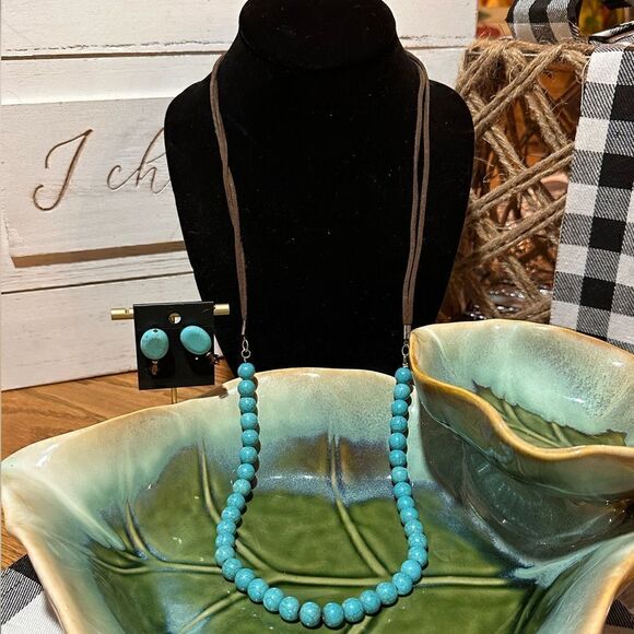 Turquoise Long Necklace & Pierced Earrings (Genuine Stone) - Picture 1 of 3